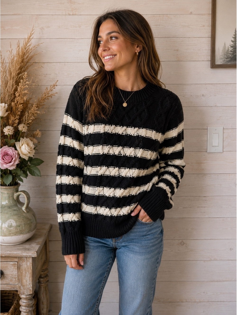 LOFT Outlet Women's Black and White Striped Cable Knit Sweater XS